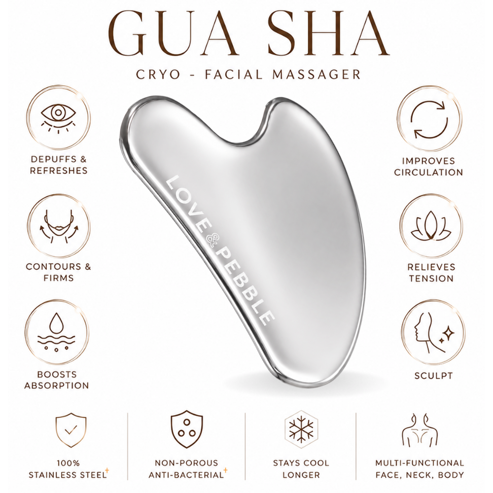 A Gua Sha cryo facial massager by Love & Pebble, shown as a polished silver metal tool on a white background with feature icons and text around it.