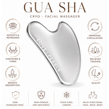 A Gua Sha cryo facial massager by Love & Pebble, shown as a polished silver metal tool on a white background with feature icons and text around it.