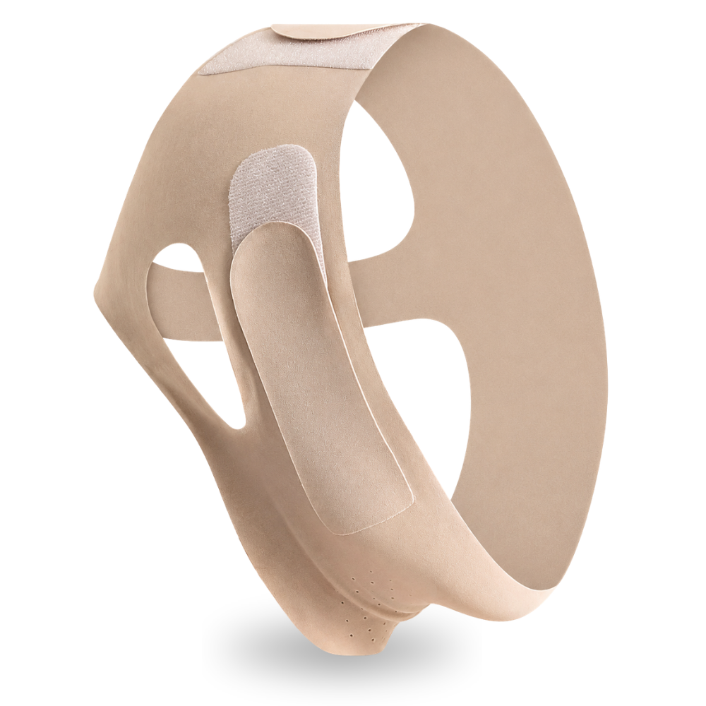 A beige compression support band or waist trainer shown floating on a white background with a soft shadow underneath.