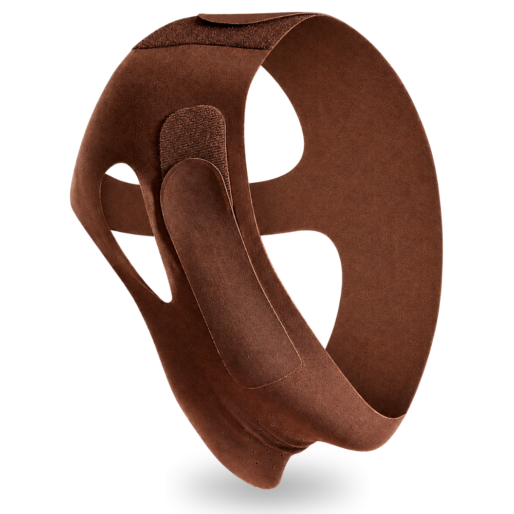 A brown contoured headband with textured fabric and hook-and-loop fastening straps, shown on a clean white background with a soft shadow.