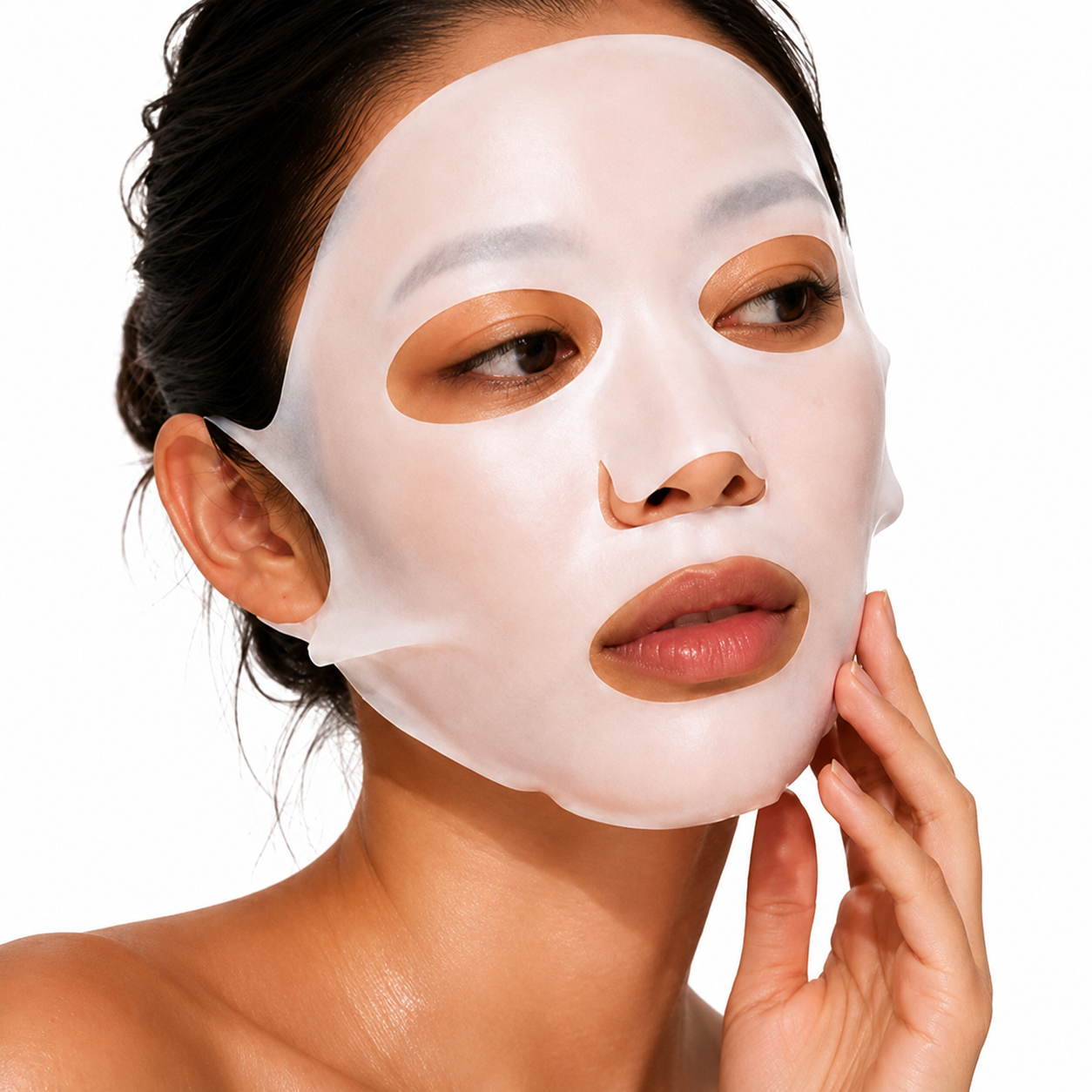 A close-up of a woman wearing a white sheet mask on her face, with her hand touching her cheek, against a plain white background.