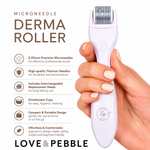 A hand holding a white derma roller microneedle device against a white background, with promotional text listing features such as precision microneedles, interchangeable heads, disinfectant cups, and compact portability. The brand name LOVE & PEBBLE appears at the bottom.