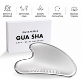 A heart-shaped silver gua sha facial massage tool in front of its white product box, with five feature icons and text above on a clean white background. The box reads LOVE&PEBBLE GUA SHA CRYO-FACIAL MASSAGER.