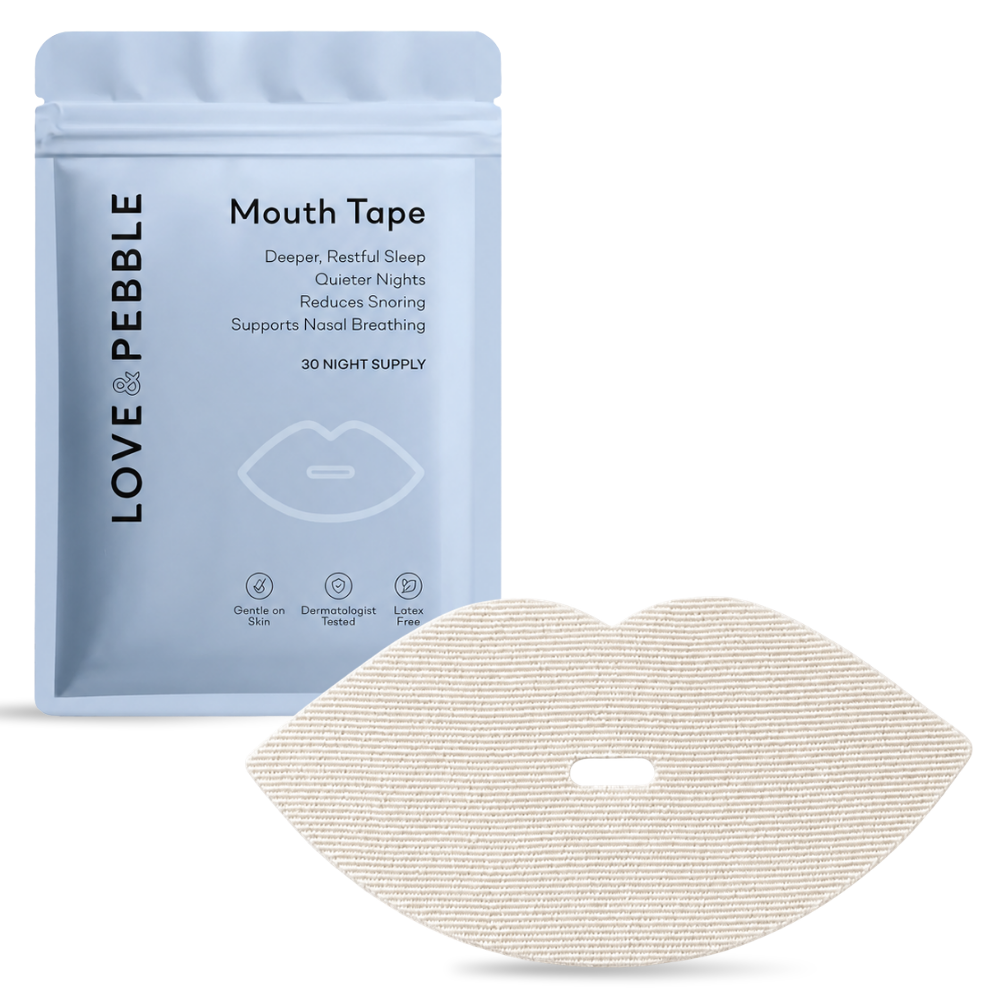 A light blue stand-up pouch labeled LOVE & PEBBLE Mouth Tape with a beige textured mouth tape patch placed in front on a white background.