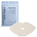 A light blue stand-up pouch labeled LOVE & PEBBLE Mouth Tape with a beige textured mouth tape patch placed in front on a white background.