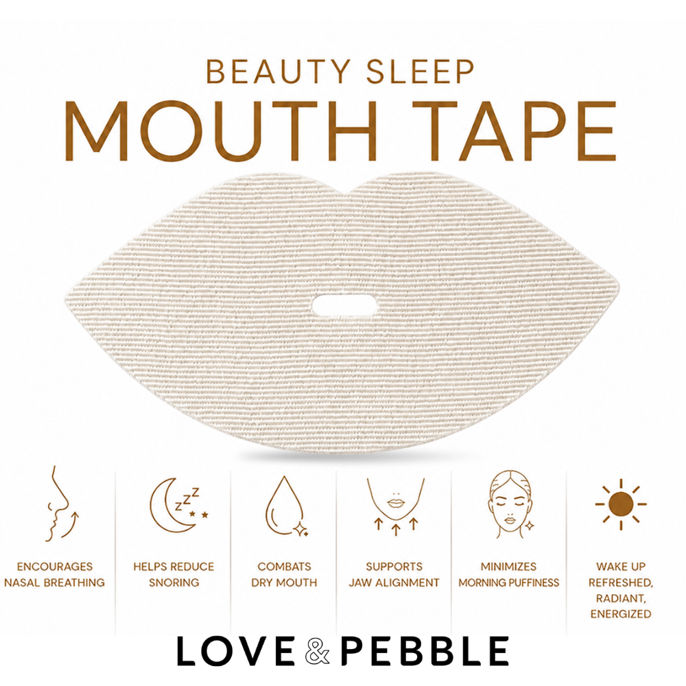 A mouth tape product shown on a white background with large text reading 'BEAUTY SLEEP MOUTH TAPE' and feature callouts below. The product appears as a beige textured lip-shaped band with a small cutout in the center.