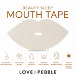 A mouth tape product shown on a white background with large text reading 'BEAUTY SLEEP MOUTH TAPE' and feature callouts below. The product appears as a beige textured lip-shaped band with a small cutout in the center.