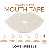 A mouth tape product shown on a white background with large text reading 'BEAUTY SLEEP MOUTH TAPE' and feature callouts below. The product appears as a beige textured lip-shaped band with a small cutout in the center.