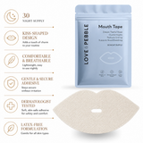 A package of Love & Pebble Mouth Tape next to a single beige adhesive mouth tape piece on a white background, with feature callouts on the left.