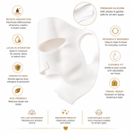 A reusable silicone face mask shown on a white background with surrounding feature callouts and icons describing benefits such as absorption, hydration, flexibility, and travel readiness.