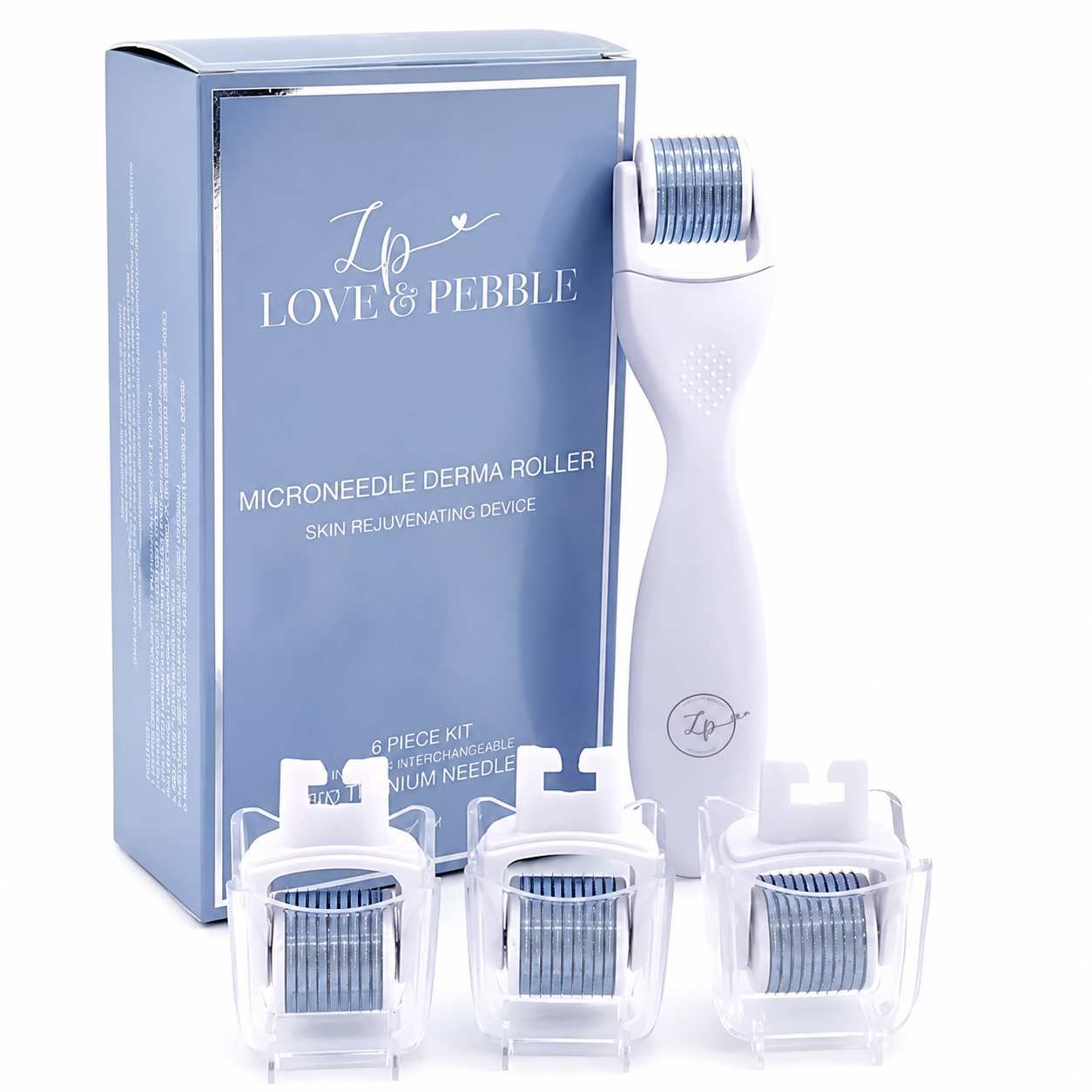 A white microneedle derma roller device with three clear needle cartridges, displayed in front of its light blue LOVE & PEBBLE retail box on a white background.