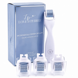 A white microneedle derma roller device with three clear needle cartridges, displayed in front of its light blue LOVE & PEBBLE retail box on a white background.