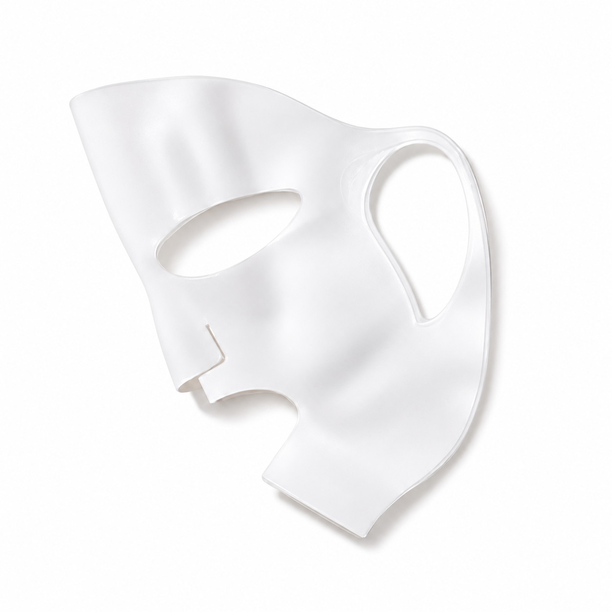 A white silicone or plastic sheet mask with cutouts for the eyes, nose, and mouth, shown on a clean white background.