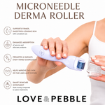 A woman holds a light purple and white derma roller with a blue needle pad against a white background, with text listing benefits and the brand name Love & Pebble.