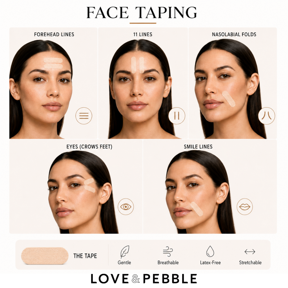An instructional beauty graphic titled 'FACE TAPING' showing a woman's face in five panels with labels for forehead lines, 11 lines, nasolabial folds, eyes, and smile lines, each marked with a hand-taping gesture. A beige makeup tape swatch appears at the bottom left, with text reading 'THE TAPE' and feature callouts including Gentle, Breathable, Latex-Free, and Stretchable.