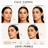 An instructional beauty graphic titled 'FACE TAPING' showing a woman's face in five panels with labels for forehead lines, 11 lines, nasolabial folds, eyes, and smile lines, each marked with a hand-taping gesture. A beige makeup tape swatch appears at the bottom left, with text reading 'THE TAPE' and feature callouts including Gentle, Breathable, Latex-Free, and Stretchable.