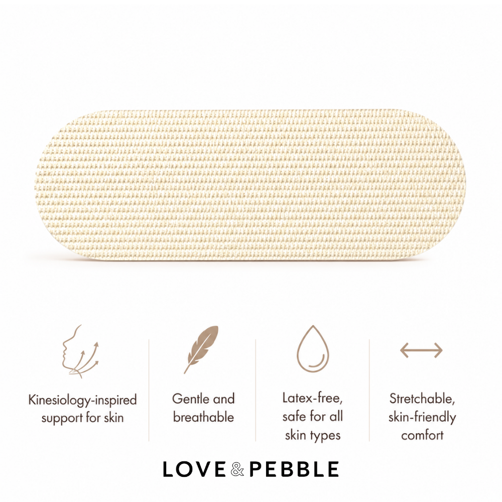 An oval-shaped beige textured cushion or pad shown on a white background, with four feature callouts below reading 'Kinesiology-inspired support for skin,' 'Gentle and breathable,' 'Latex-free, safe for all skin types,' and 'Stretchable, skin-friendly comfort,' plus the brand name LOVE & PEBBLE.