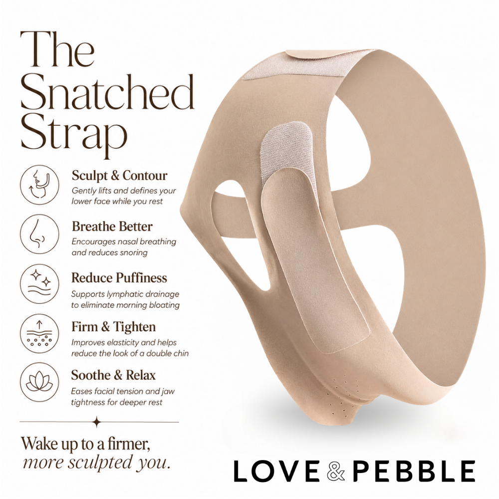 Beige contoured chin and neck strap shown on a white background with marketing text and icons explaining benefits. The brand name LOVE & PEBBLE appears at the bottom.