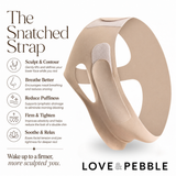 Beige contoured chin and neck strap shown on a white background with marketing text and icons explaining benefits. The brand name LOVE & PEBBLE appears at the bottom.
