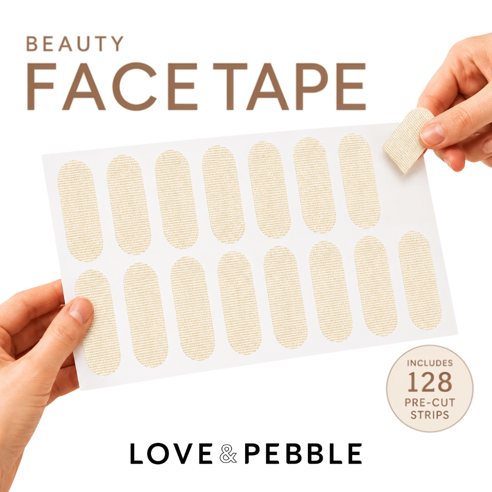 Hands holding a sheet of beige textured face tape strips with large text reading 'BEAUTY FACE TAPE' and a badge that says 'Includes 128 pre-cut strips.'.
