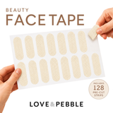 Hands holding a sheet of beige textured face tape strips with large text reading 'BEAUTY FACE TAPE' and a badge that says 'Includes 128 pre-cut strips.'.
