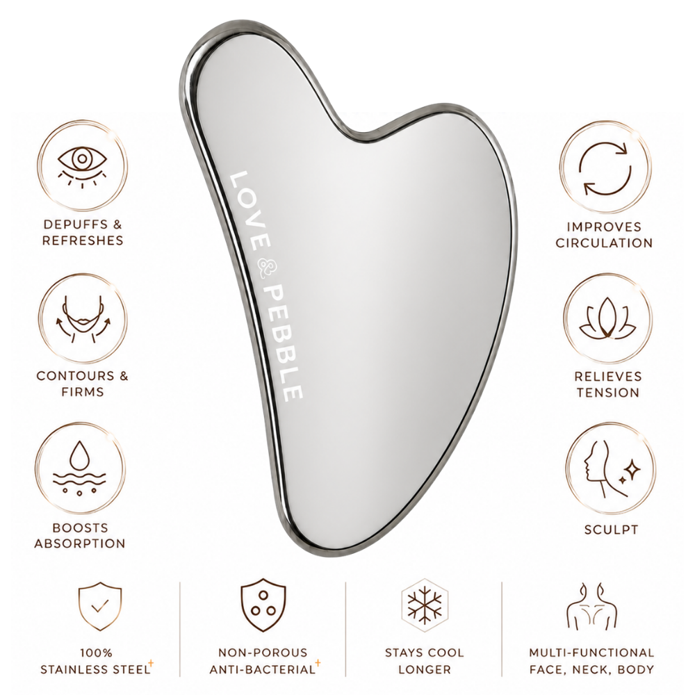 Heart-shaped stainless steel gua sha massage tool with a silver metallic border and the brand name 'LOVE & PEBBLE' printed vertically on the reflective surface, shown on a white background with feature icons and text around it.