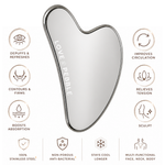 Heart-shaped stainless steel gua sha massage tool with a silver metallic border and the brand name 'LOVE & PEBBLE' printed vertically on the reflective surface, shown on a white background with feature icons and text around it.