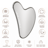 Heart-shaped stainless steel gua sha massage tool with a silver metallic border and the brand name 'LOVE & PEBBLE' printed vertically on the reflective surface, shown on a white background with feature icons and text around it.