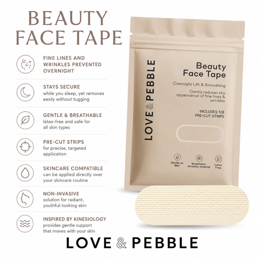 Love & Pebble Beauty Face Tape packaging shown on a white background with feature callouts on the left and a close-up of the beige adhesive tape strip at the bottom right.