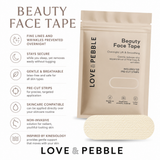 Love & Pebble Beauty Face Tape packaging shown on a white background with feature callouts on the left and a close-up of the beige adhesive tape strip at the bottom right.