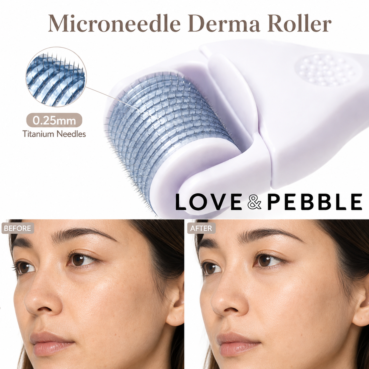 Microneedle Derma Roller shown on a white background with a close-up of the roller head and text reading '0.25mm Titanium Needles' and 'LOVE & PEBBLE'.