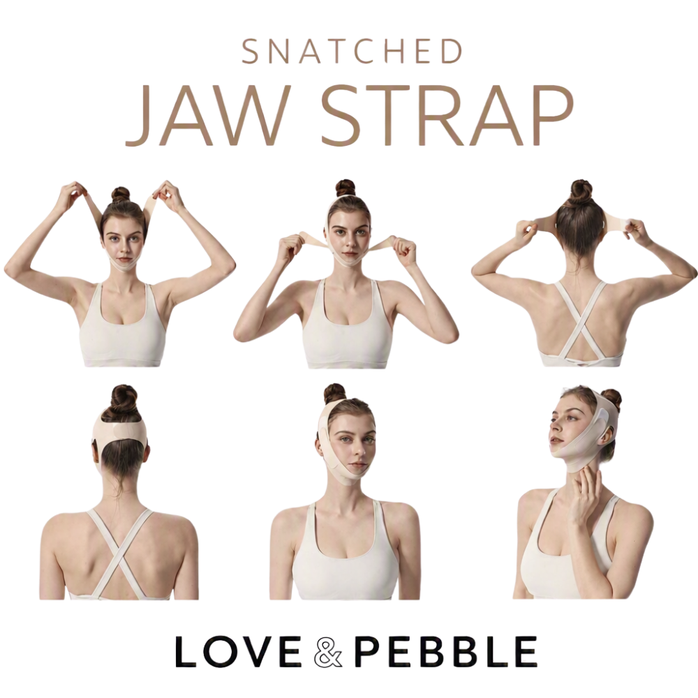 Six-panel demonstration graphic for a 'Snatched Jaw Strap' by Love & Pebble, showing a model from the front, back, and side to demonstrate how the white chin and neck strap is worn and shaped.