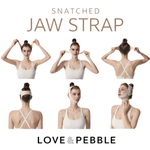 Six-panel demonstration graphic for a 'Snatched Jaw Strap' by Love & Pebble, showing a model from the front, back, and side to demonstrate how the white chin and neck strap is worn and shaped.