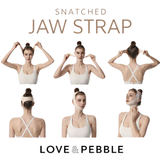 Six-panel demonstration graphic for a 'Snatched Jaw Strap' by Love & Pebble, showing a model from the front, back, and side to demonstrate how the white chin and neck strap is worn and shaped.