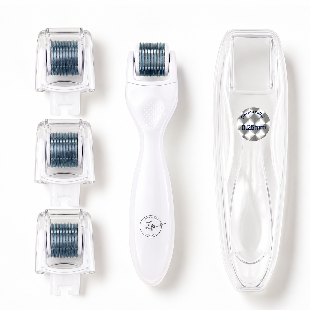 White derma roller skincare device with three interchangeable clear plastic needles and a transparent protective case on a white background.