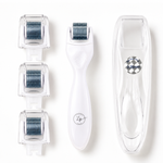 White derma roller skincare device with three interchangeable clear plastic needles and a transparent protective case on a white background.