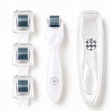 White derma roller skincare device with three interchangeable clear plastic needles and a transparent protective case on a white background.